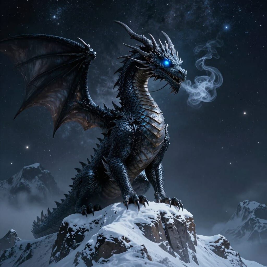 Ancient Obsidian Dragon on Snowy Peak Under Nebula