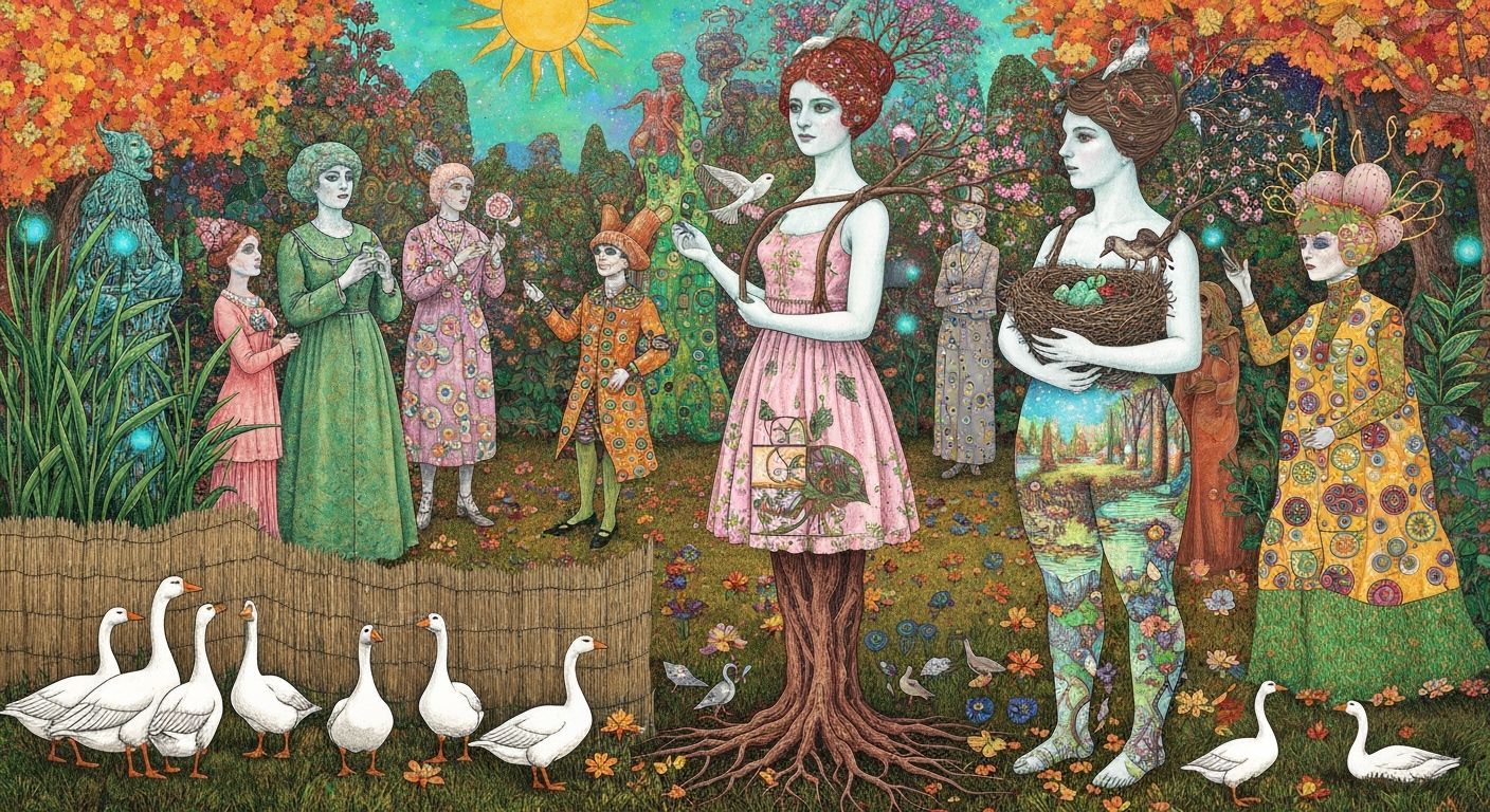 Folkloric Robot and Twins in Surreal Eco-Art Garden