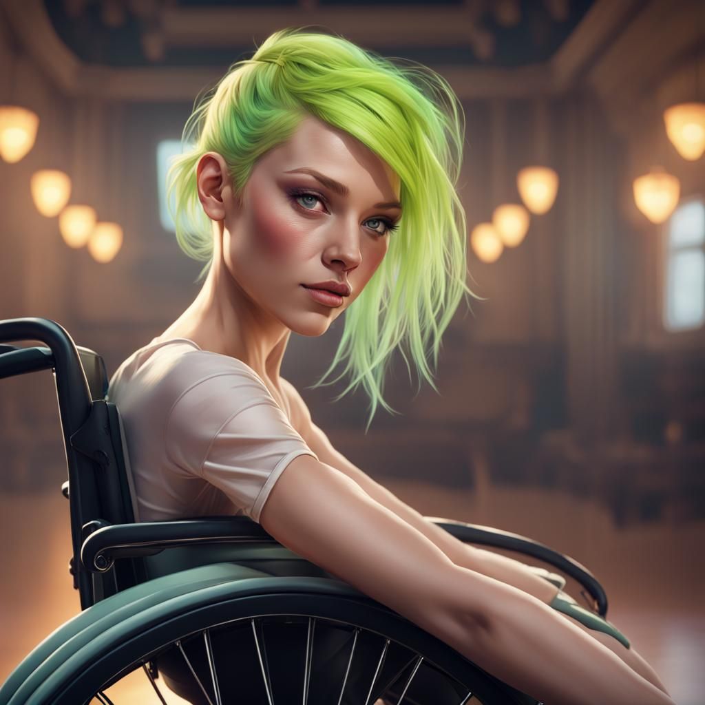 Ballerina with lime hair in a wheelchair dancing
