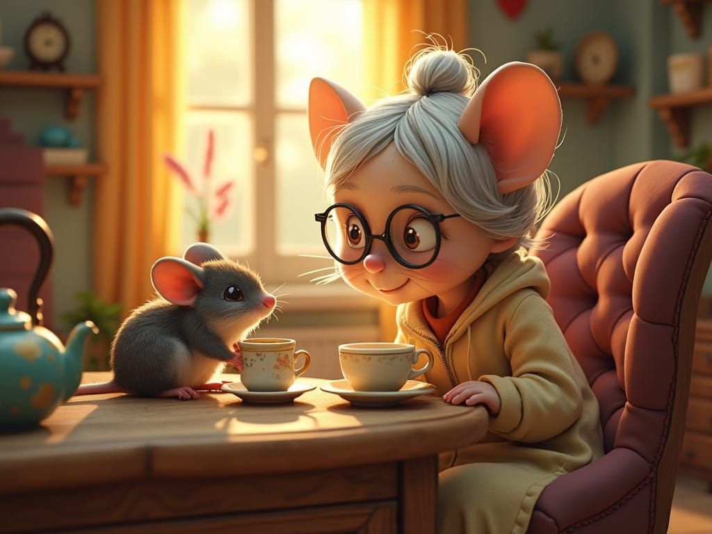 Whimsical Grandma Mouse Nurtures Her Grandmice in a Cozy, Go...