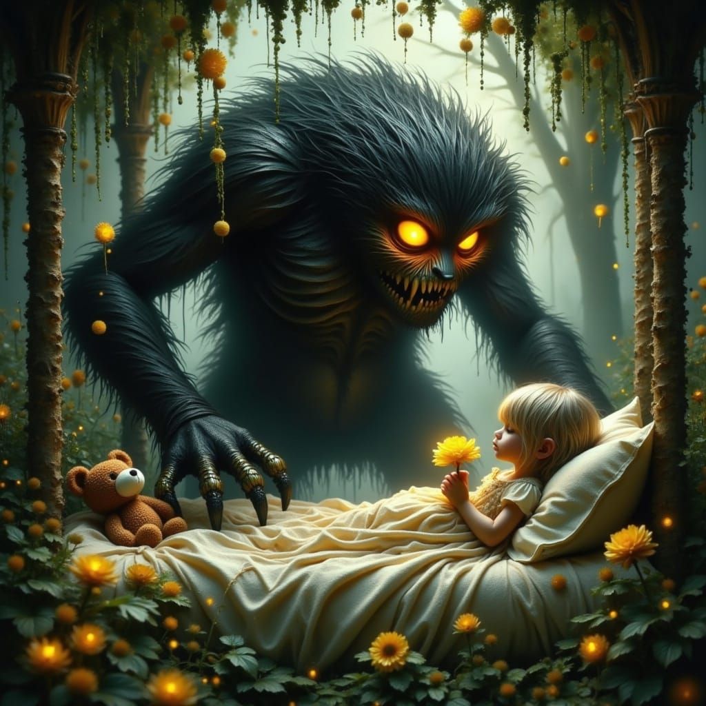 Fantastical Monster in Emerald Greens and Golden Yellows