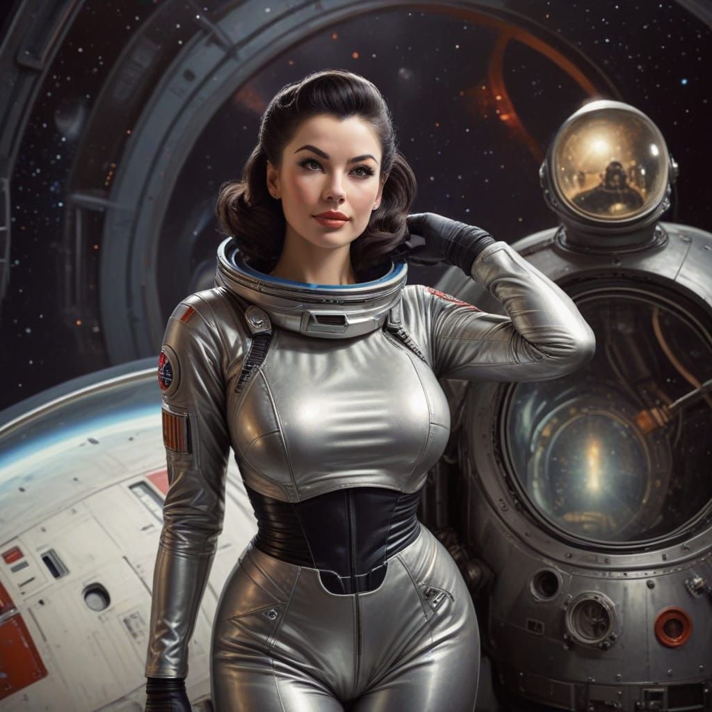 Pinup Woman in Spacesuit Oil Painting