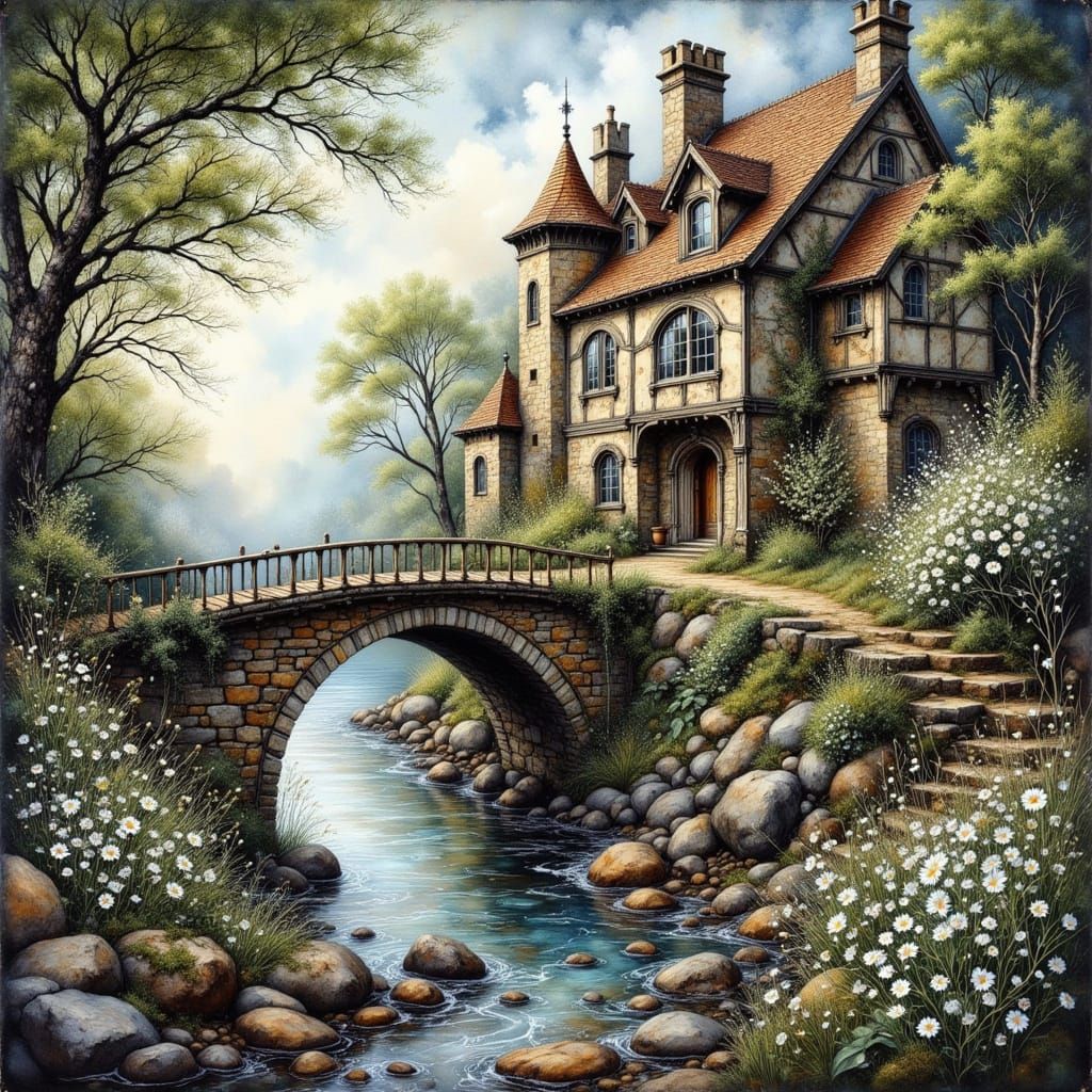 Weathered Bridge to Baroque Chateau as Impressionist Paintin...