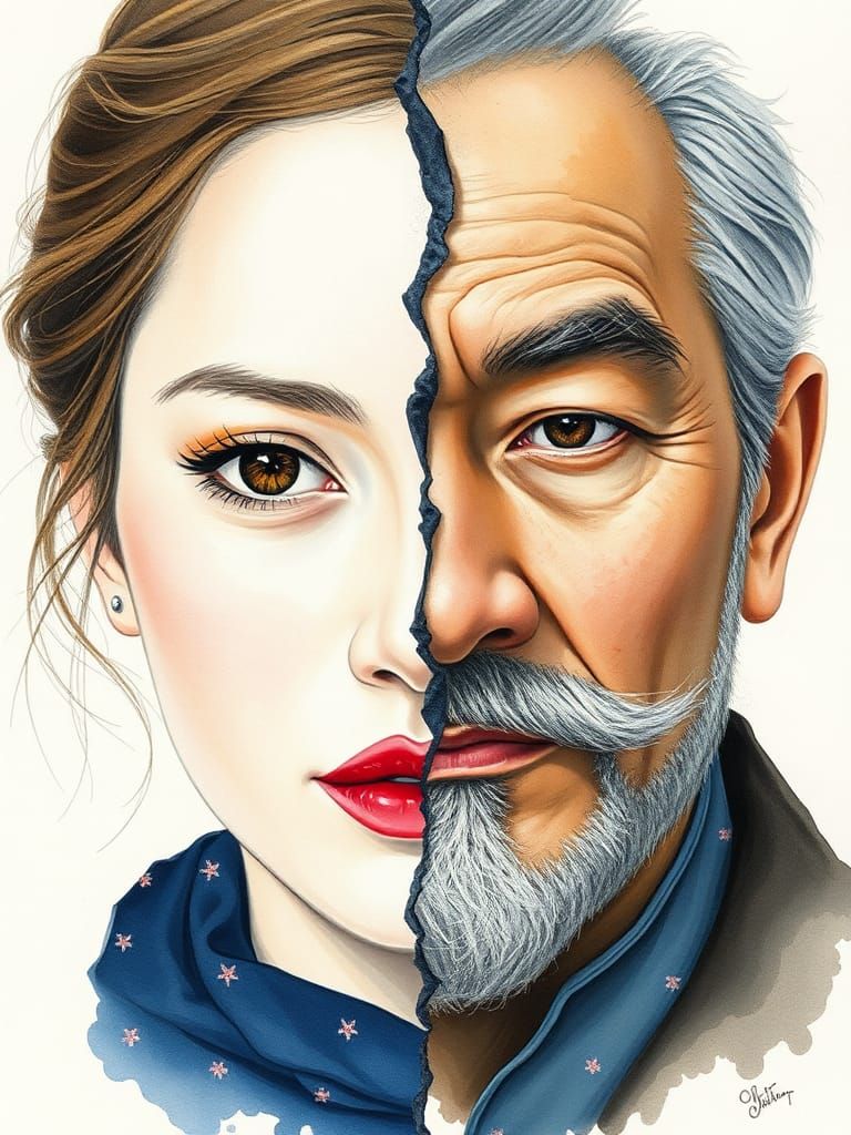 Split Portrait: Woman and Man in Watercolor Style