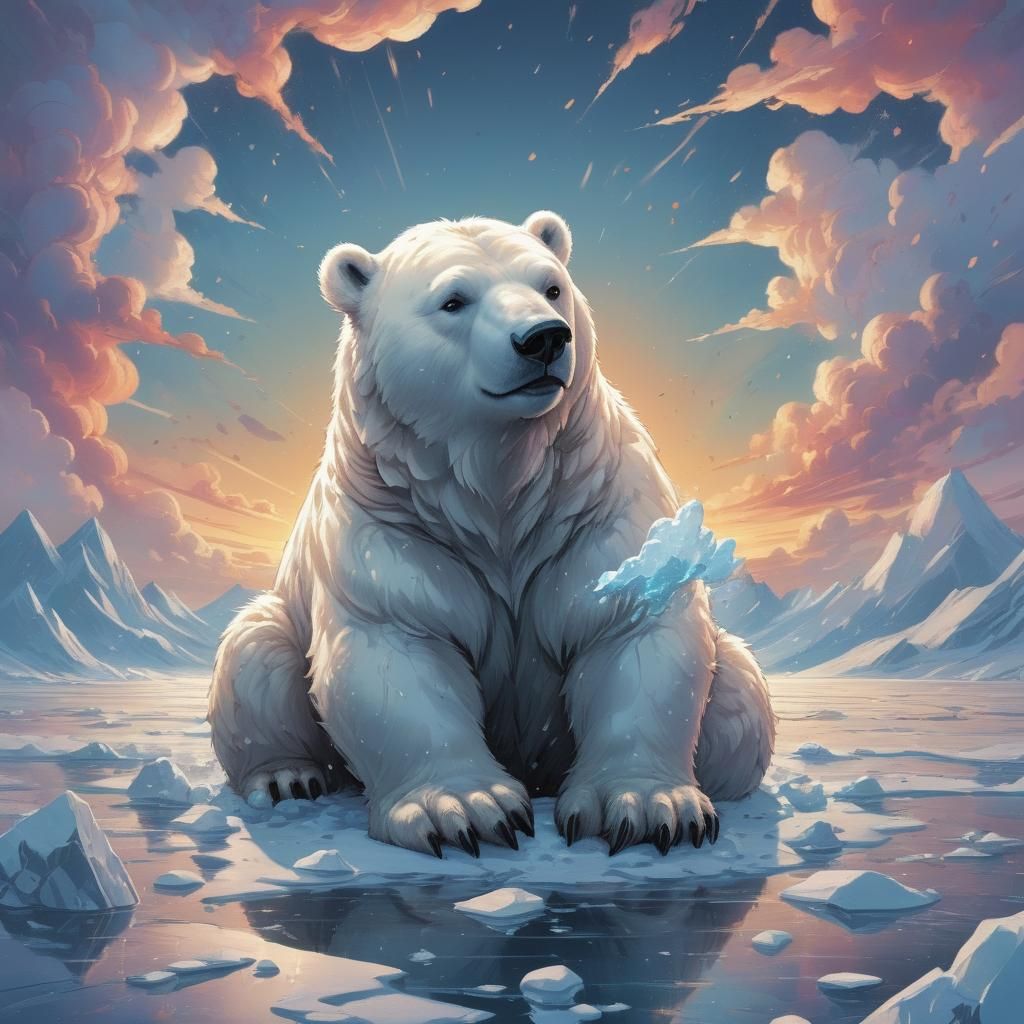 Chibi Polar Bear Splattering Sunset Clouds