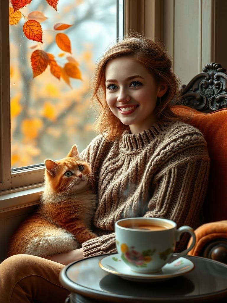 Slavic Woman Smiles at Rain in Cozy Autumn Scene