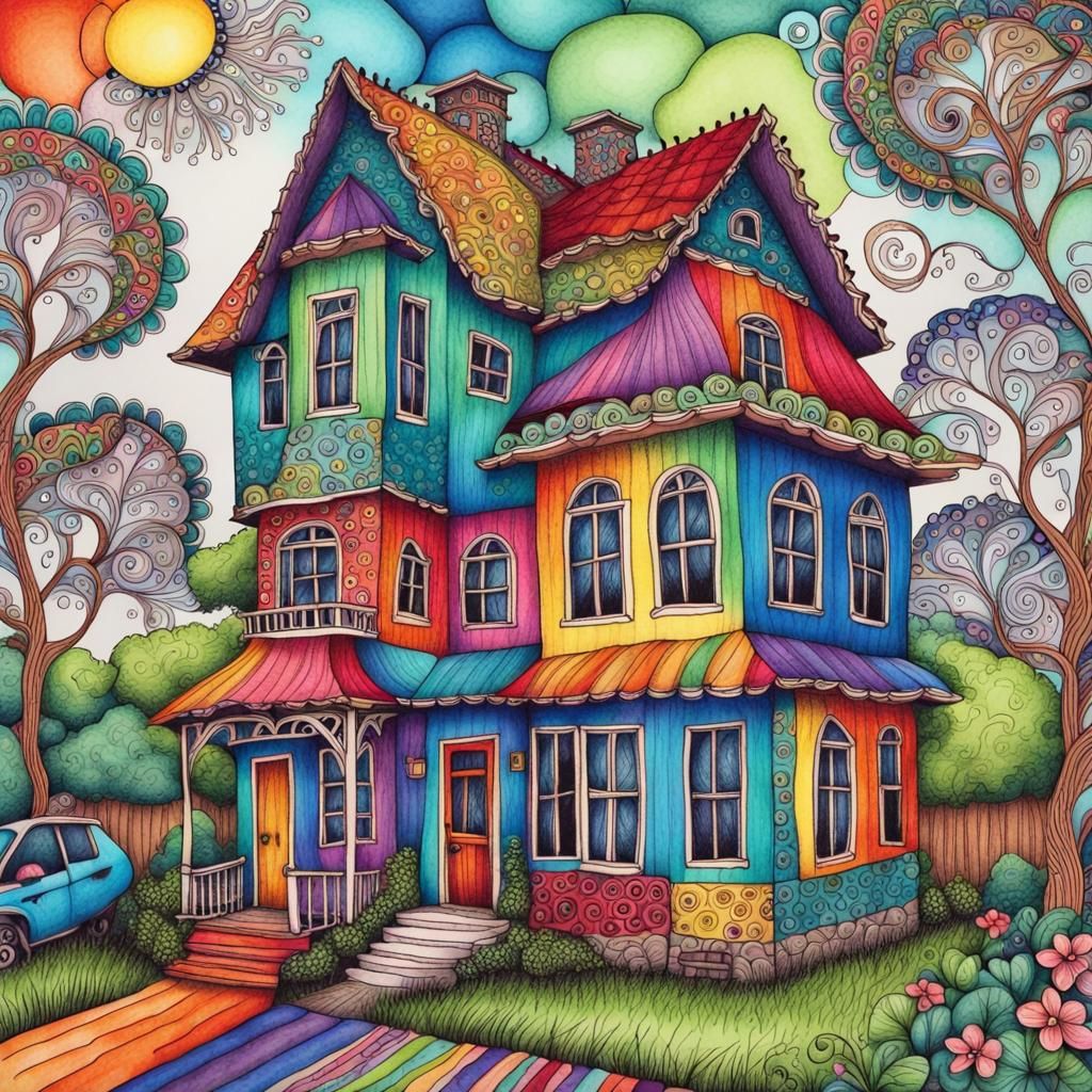 Colorful Zentangle House: Detailed Abstract Art