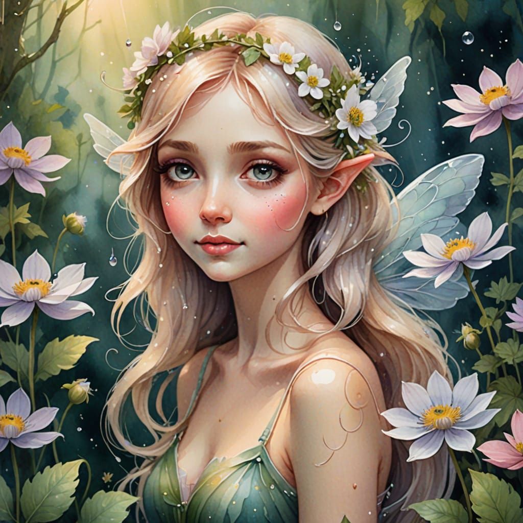Enchanting Fairy Amidst Wood Anemone Blooms in Whimsical Fan...