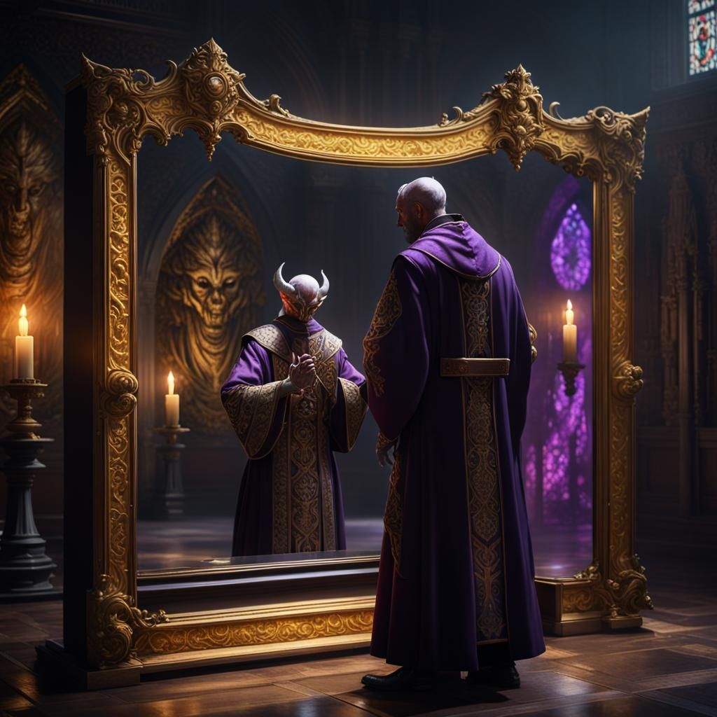 Priest's Demonic Reflection: Dark Fantasy Art