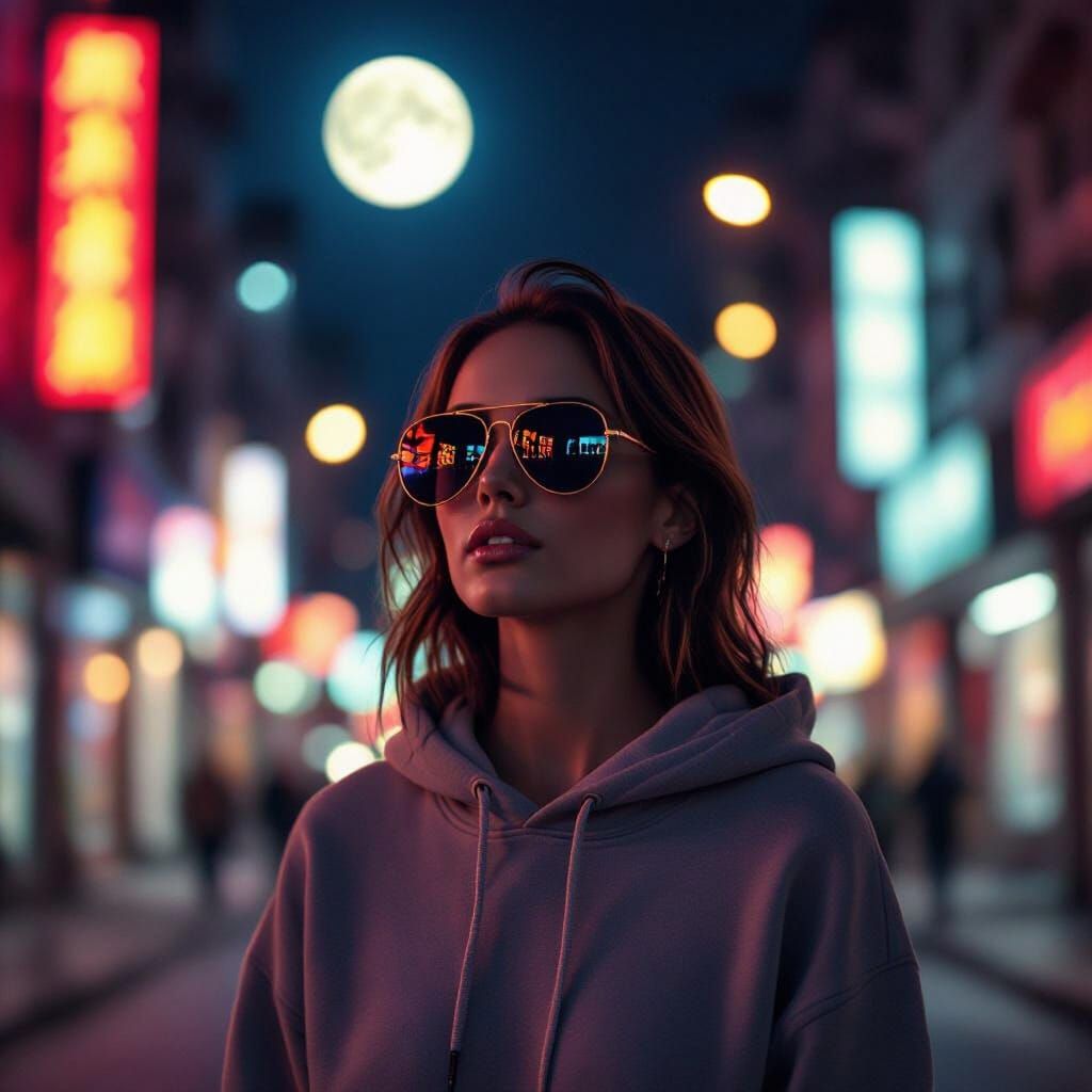 Noir Woman Walks Neon Street Under the Moon