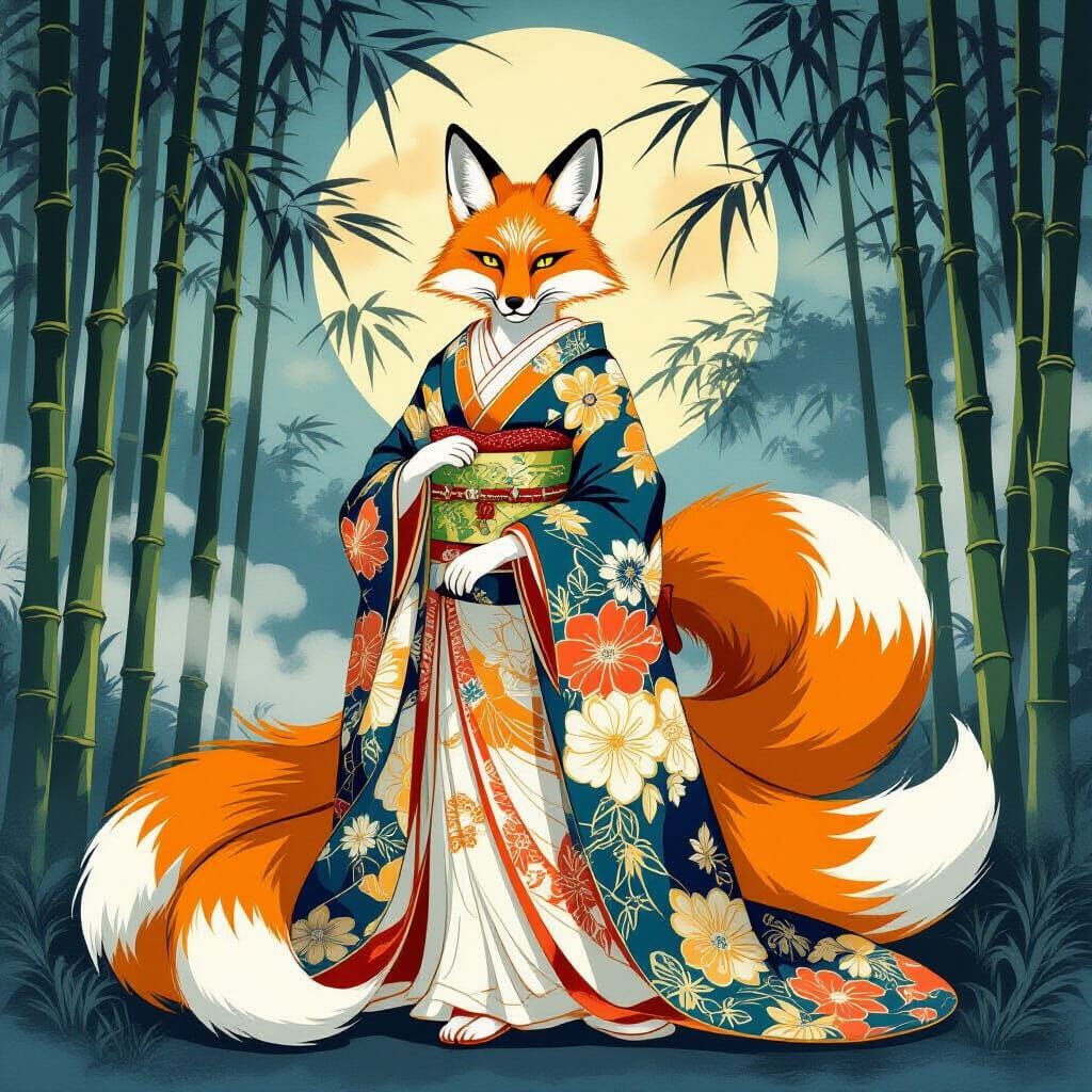 Regal Nine-Tailed Fox Queen in Moonlit Bamboo Forest