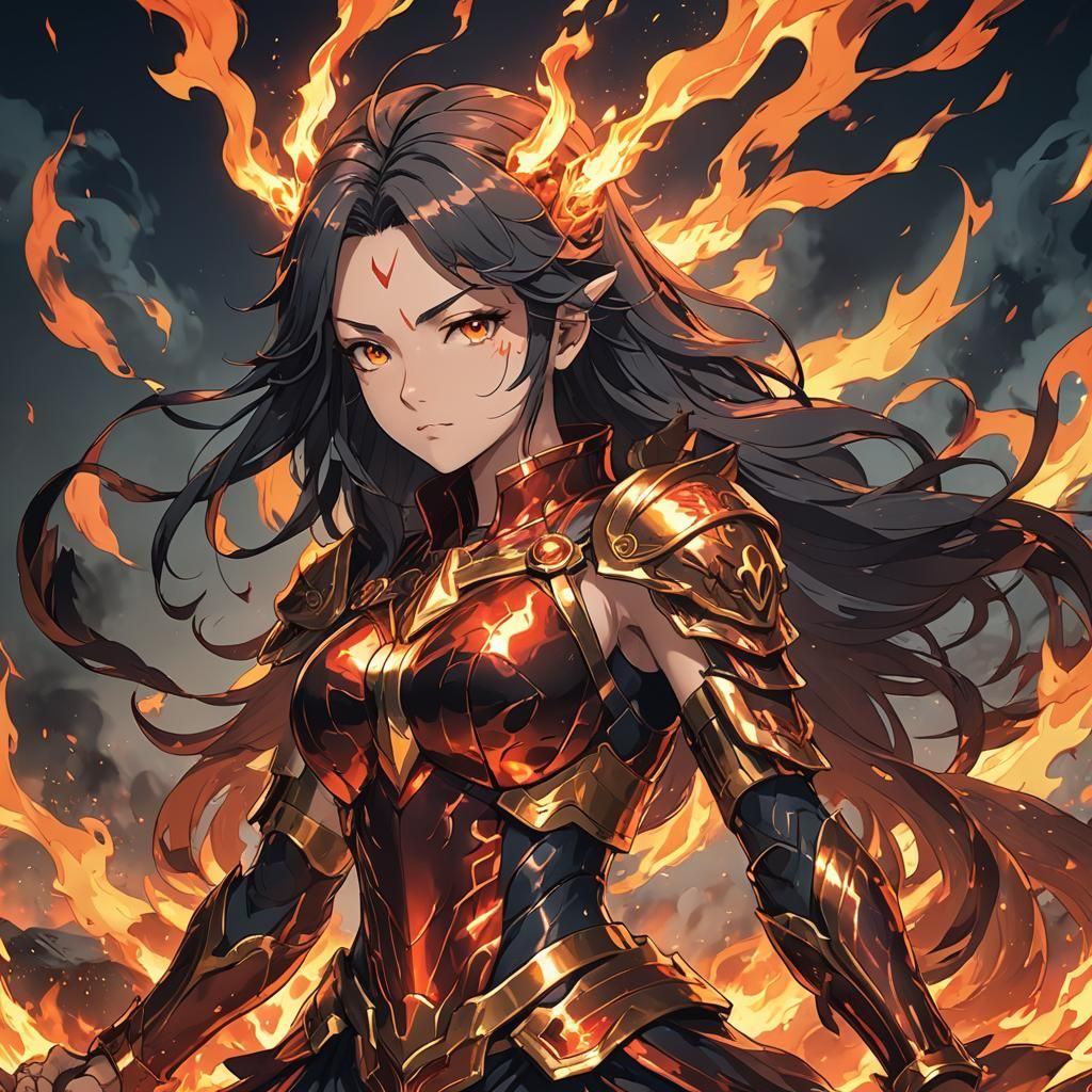Fiery Anime Girl in Cel-Shaded Manga Style