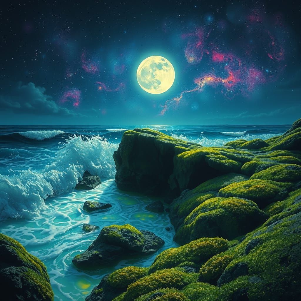 Bioluminescent Ocean Meets Nebula in Atmospheric Style