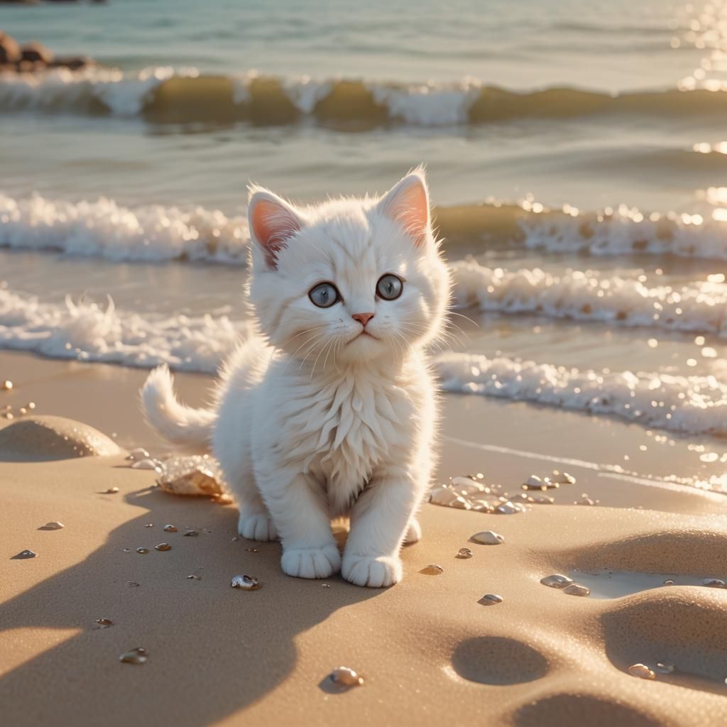 White Kitten on Beach in Pixar-Inspired 3D Rendering