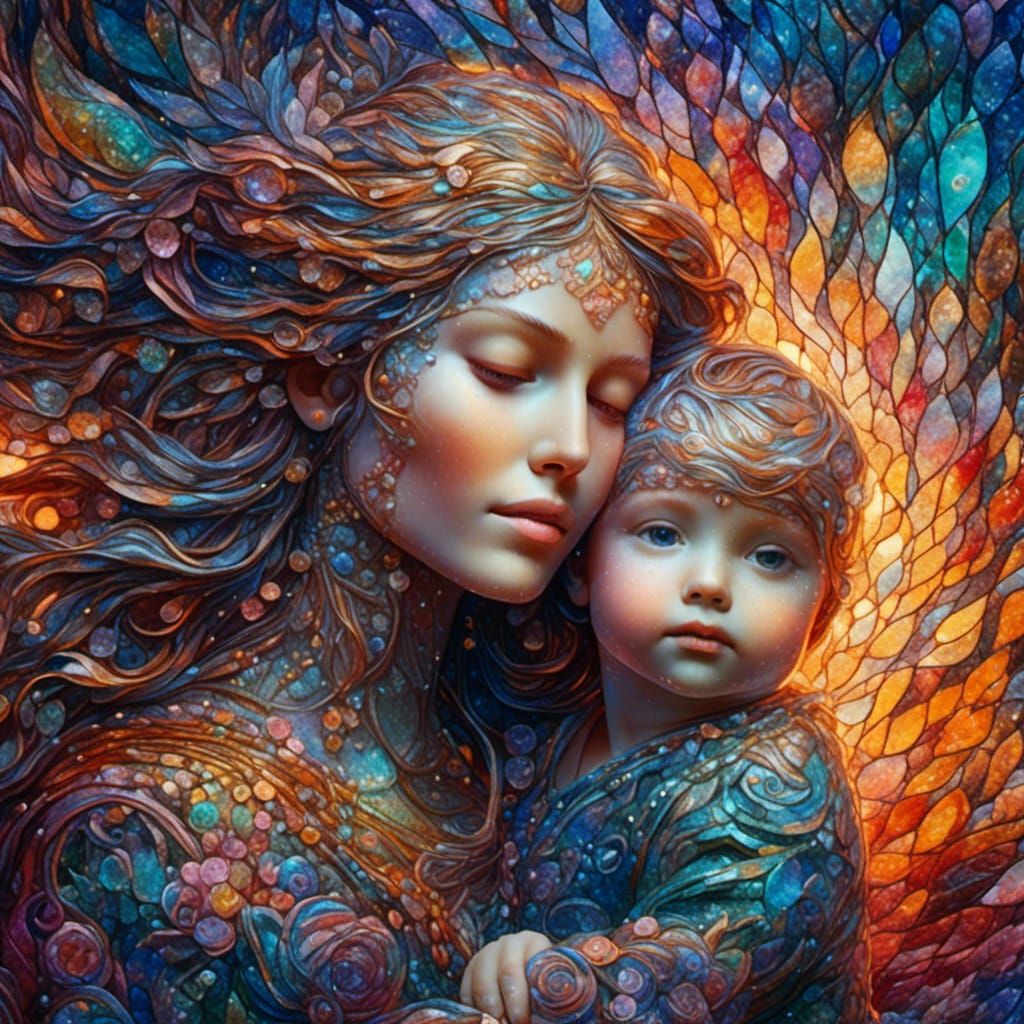 Mother and Baby in Vivid Cosmic Illustration
