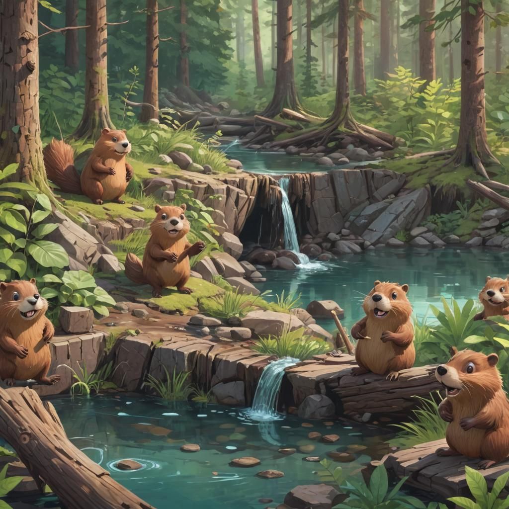 Cartoon Beavers Building Dam: Digital Illustration