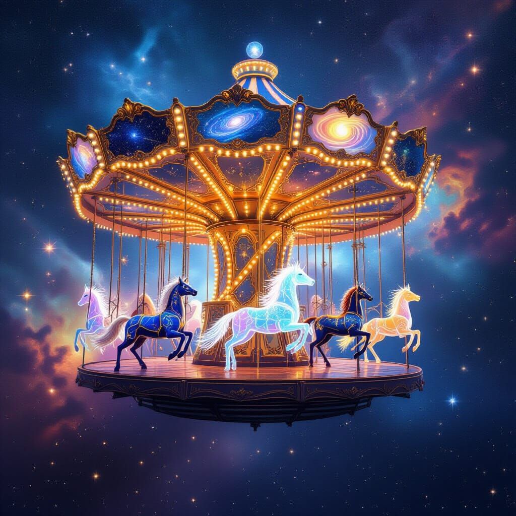 Cosmic Carousel Drifting Through Vibrant Nebula