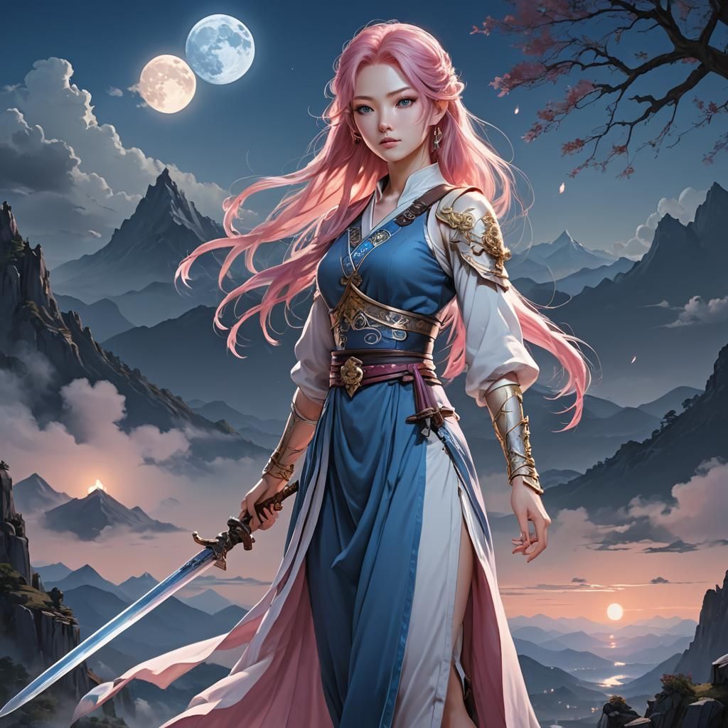 Anime Style Young Woman with Sword and Moon