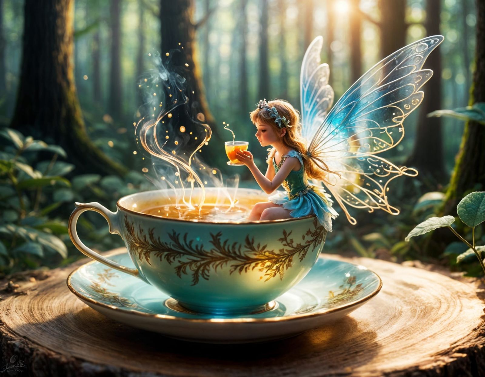 Miniature Fairy Tea Time in Forest Sunshine