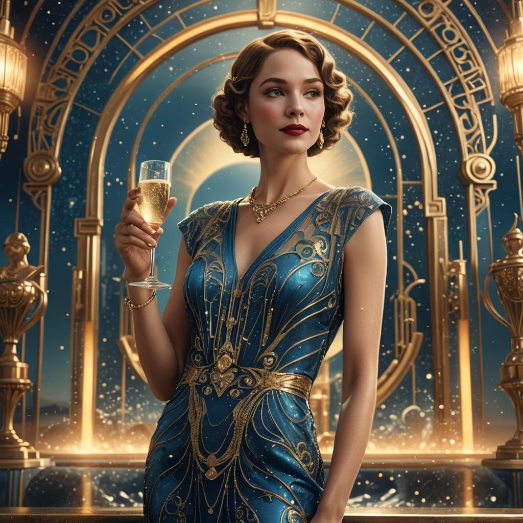Art Deco Woman with Champagne in Gold and Blue