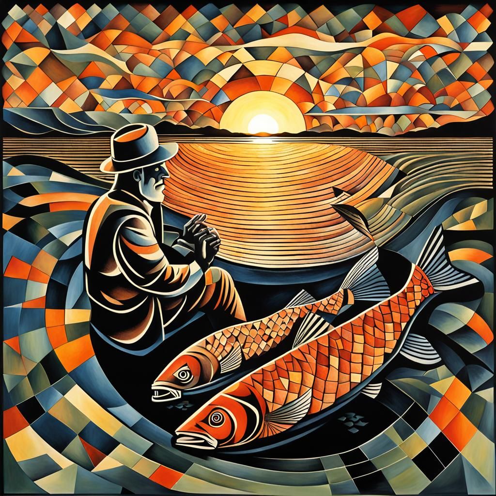 Cubist Fisherman and Fish in Infinite Sunset Reflection