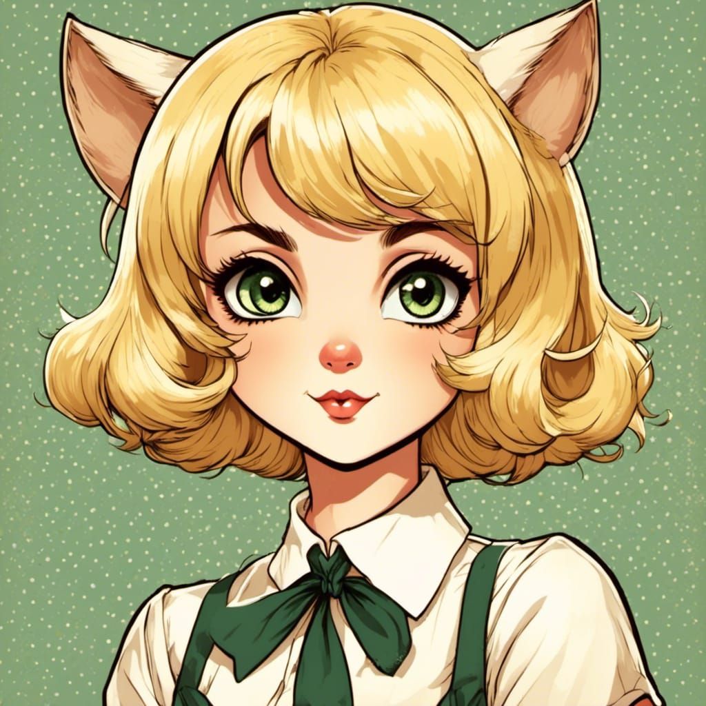 Anime Cat Girl with Blonde Bob in Vintage Style