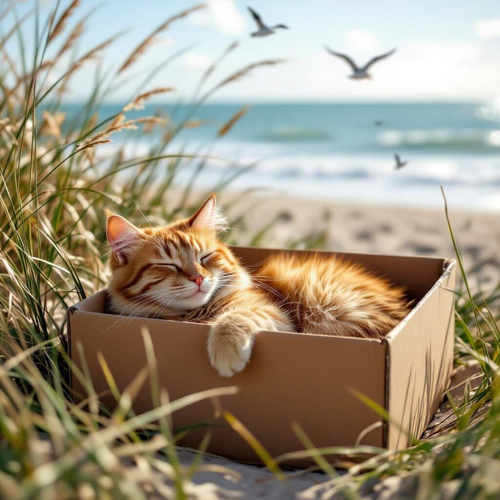 Peaceful Ginger Cat Rests in Box by the Seaside