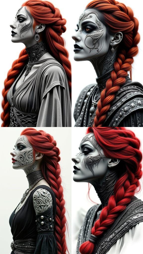 A corpseified Celtic Woman, long red braid, intricate details on her clothing and skin