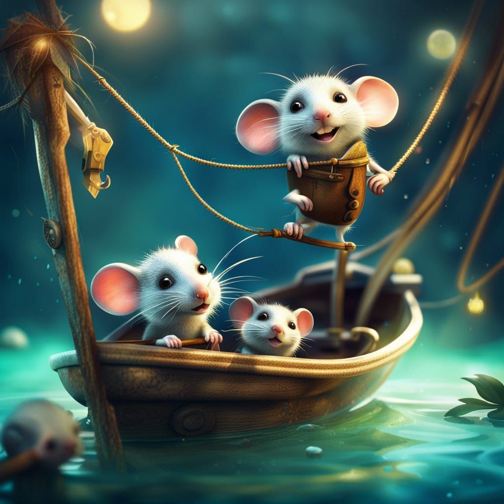 Family three little mice enjoying an evening on the water.