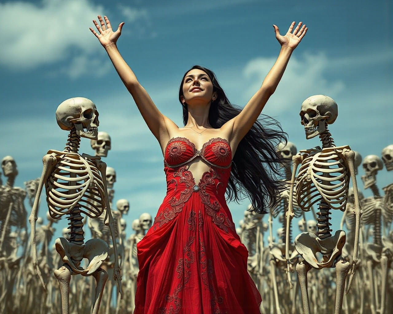 Woman Between Skeletons in Hyperrealistic Style