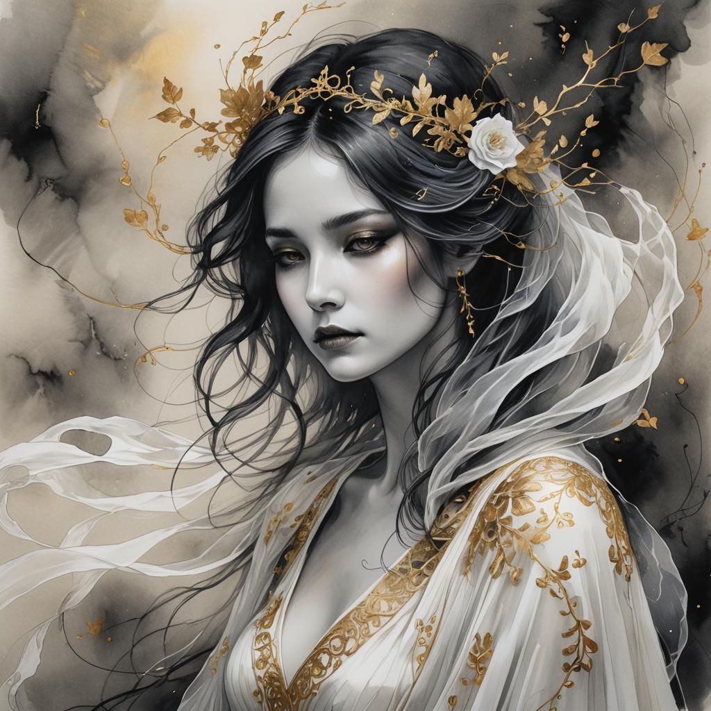 Ethereal Ghost Portrait in Black Ink and Gold