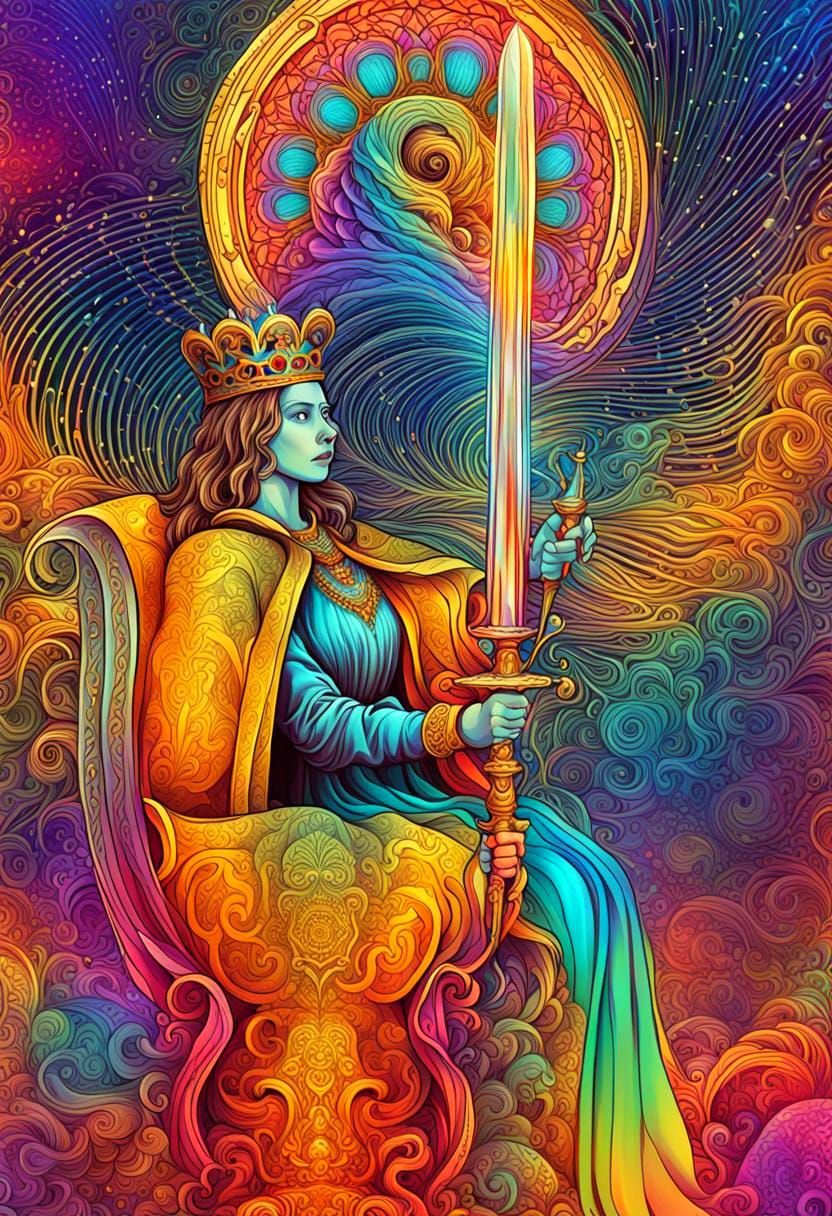 Lonely Queen on Throne with Sword in Abstract Style