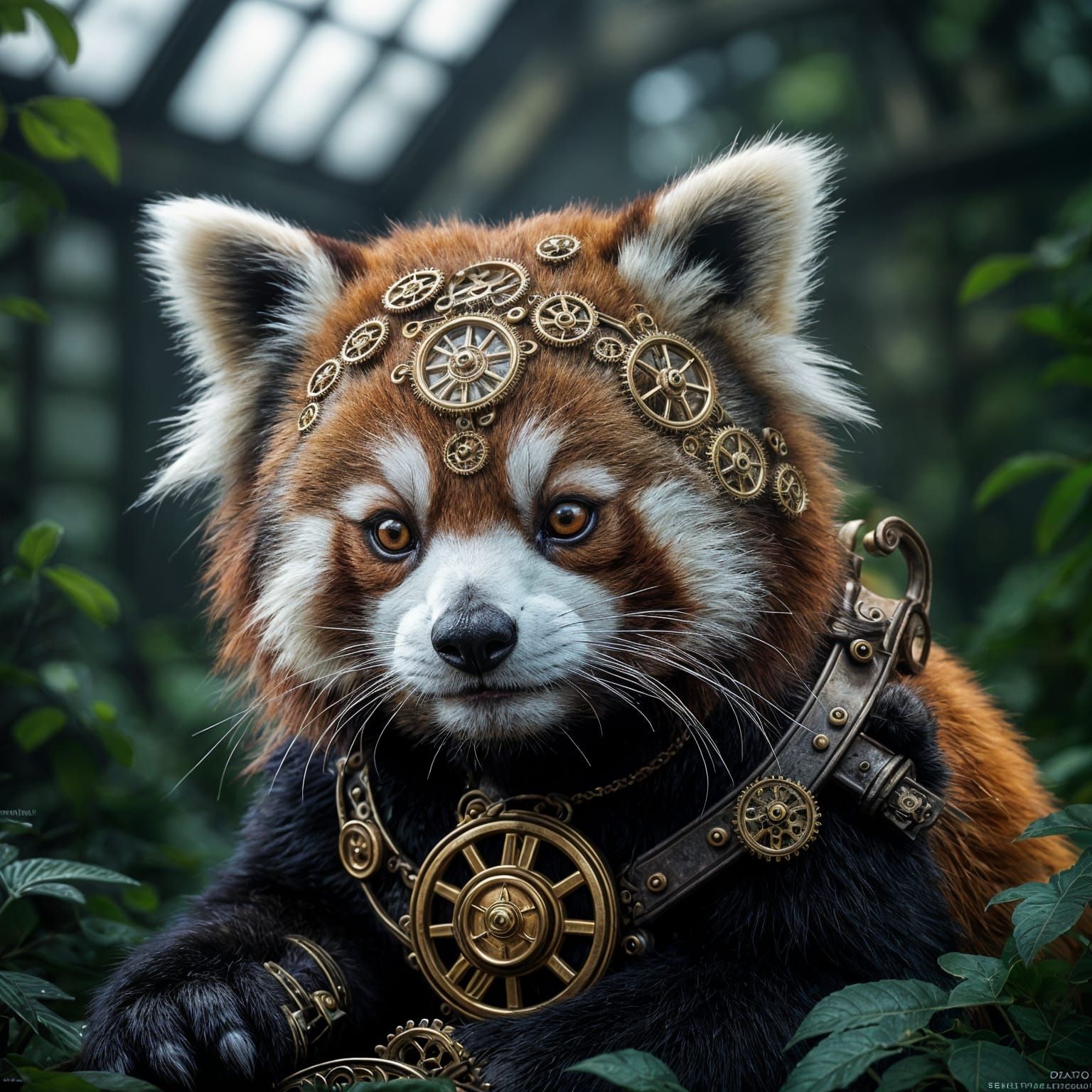 Steampunk Red Panda in Victorian Greenhouse