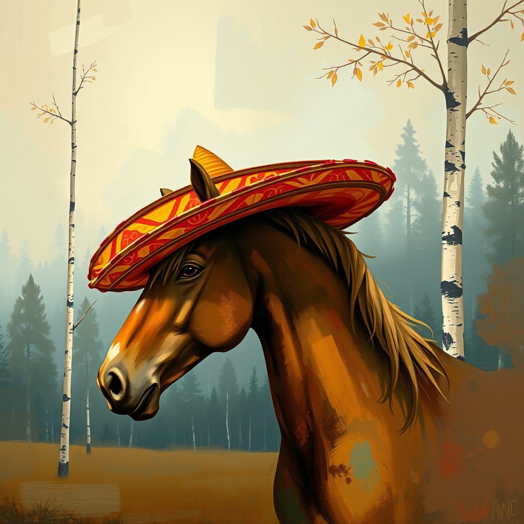 Horse in Sombrero Hat in Earthy Abstract Style