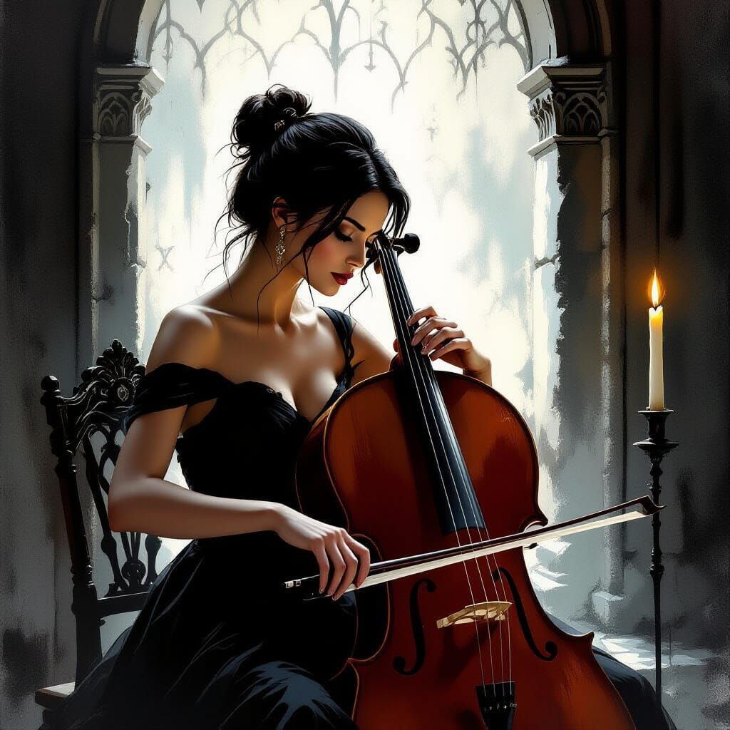 Woman Plays Cello in Gothic Setting with Chiaroscuro Lightin...