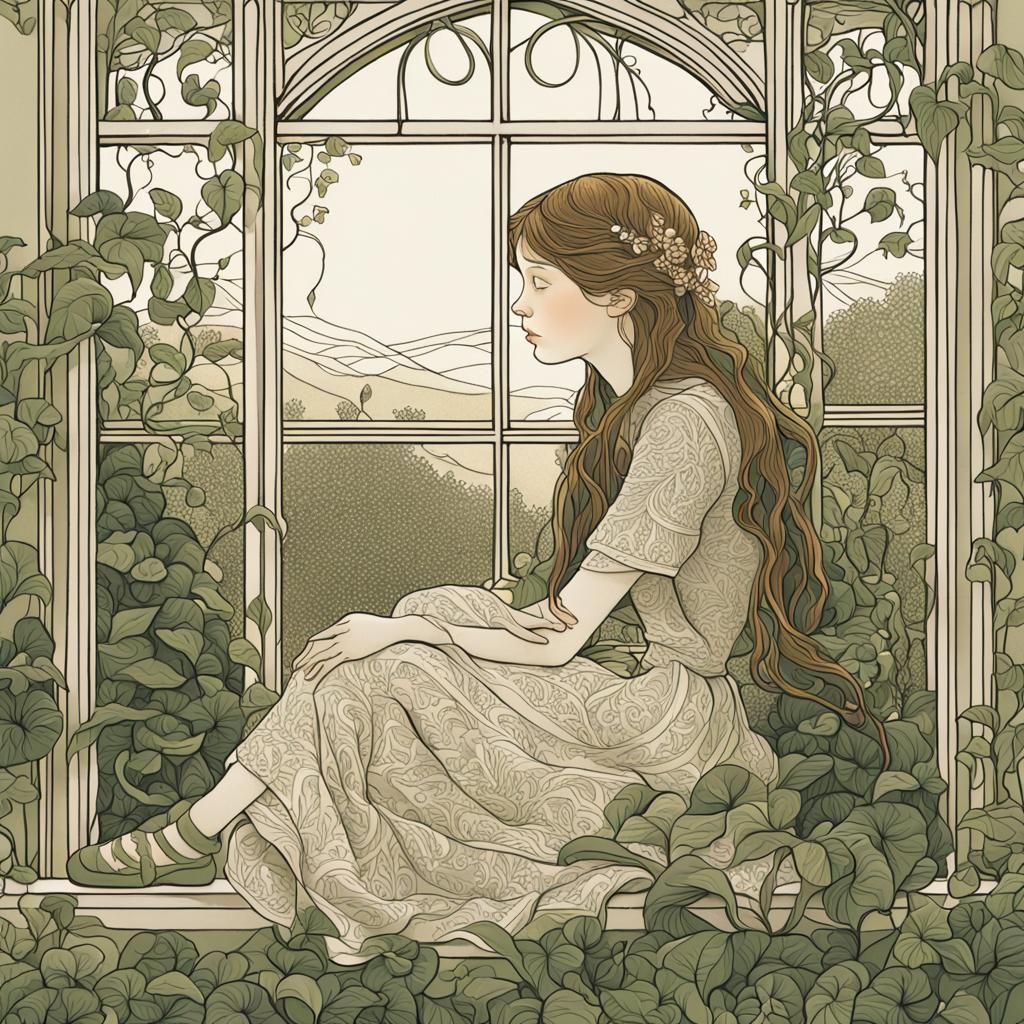 Girl on Windowsill in Art Nouveau Style