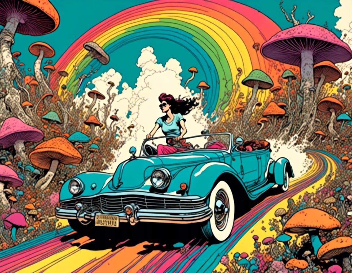 Psychedelic Rainbow Road Trip with Mushrooms