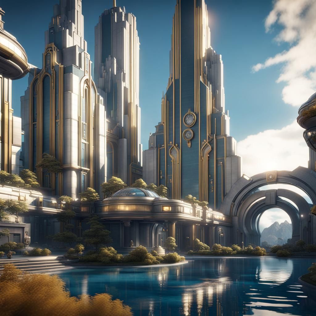 Futuristic Art Deco City with Silver and Gold Accents