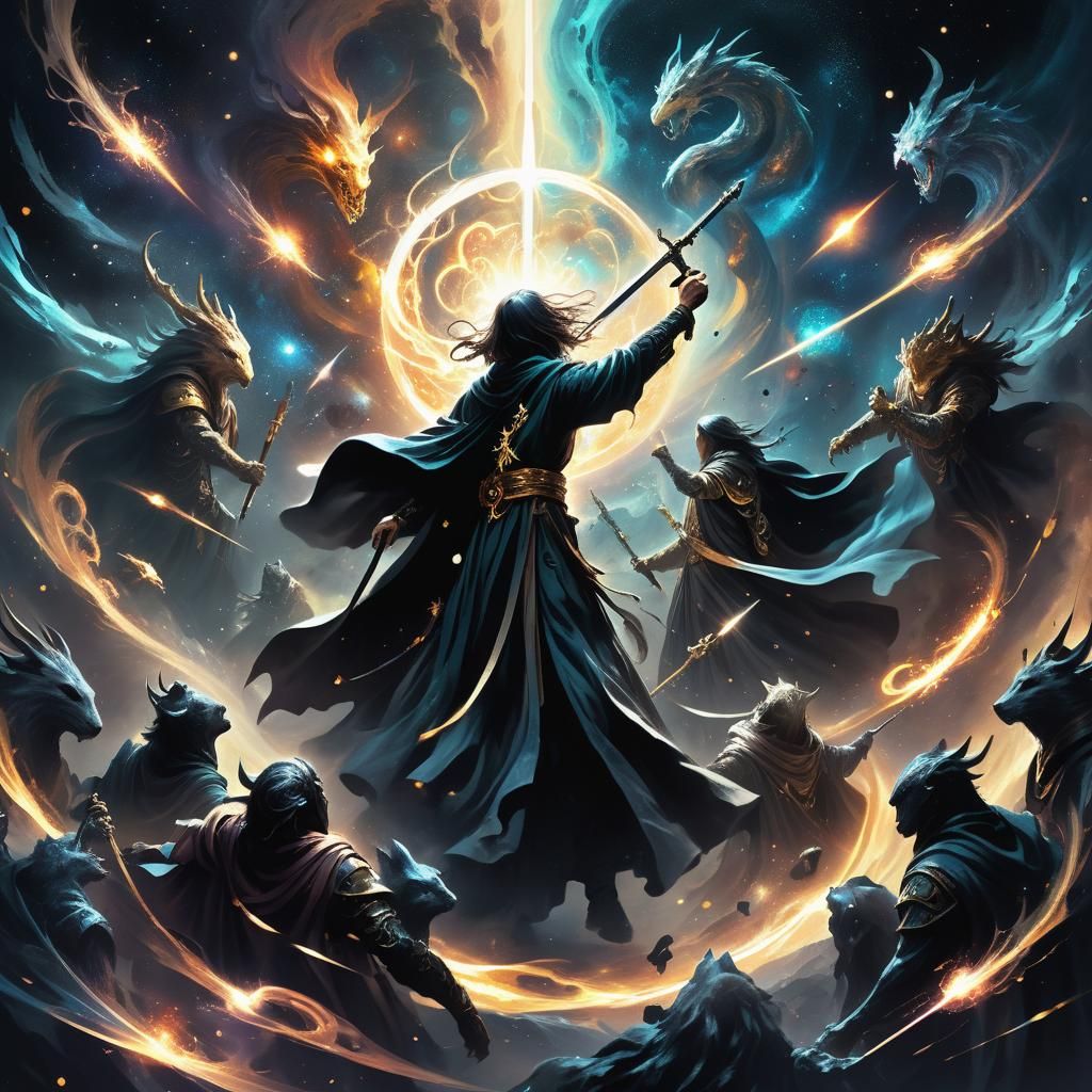 Ethereal Cosmic Battle: Robed Figures in HDR Lighting