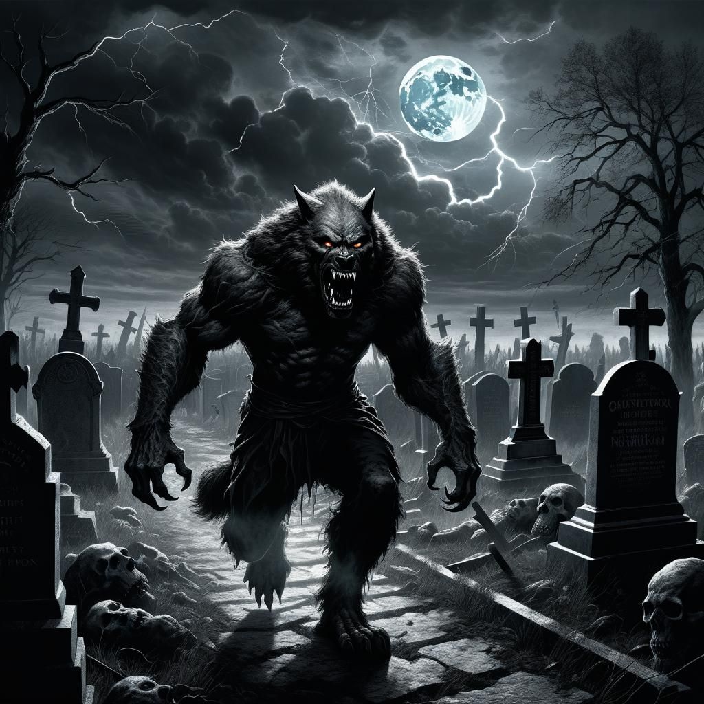 Werewolf in Cemetery: Monochromatic Horror Scene
