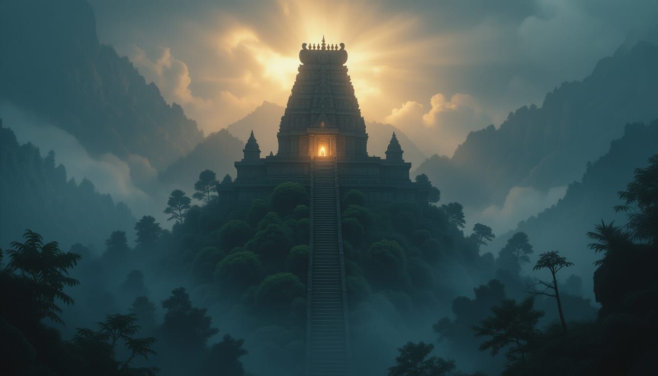 Kali Temple Radiating Divine Anger in Misty Forest