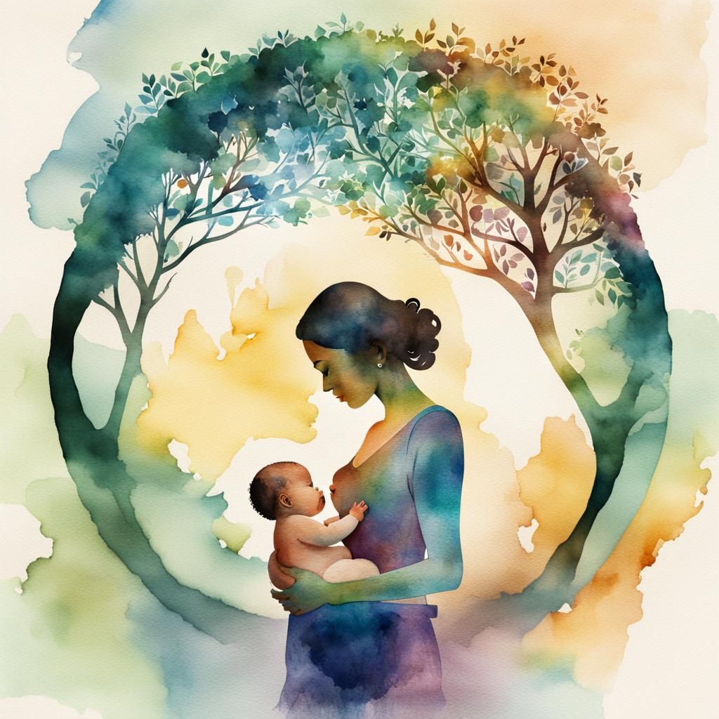 Watercolor Double Exposure: Mother, Child, Tree of Life
