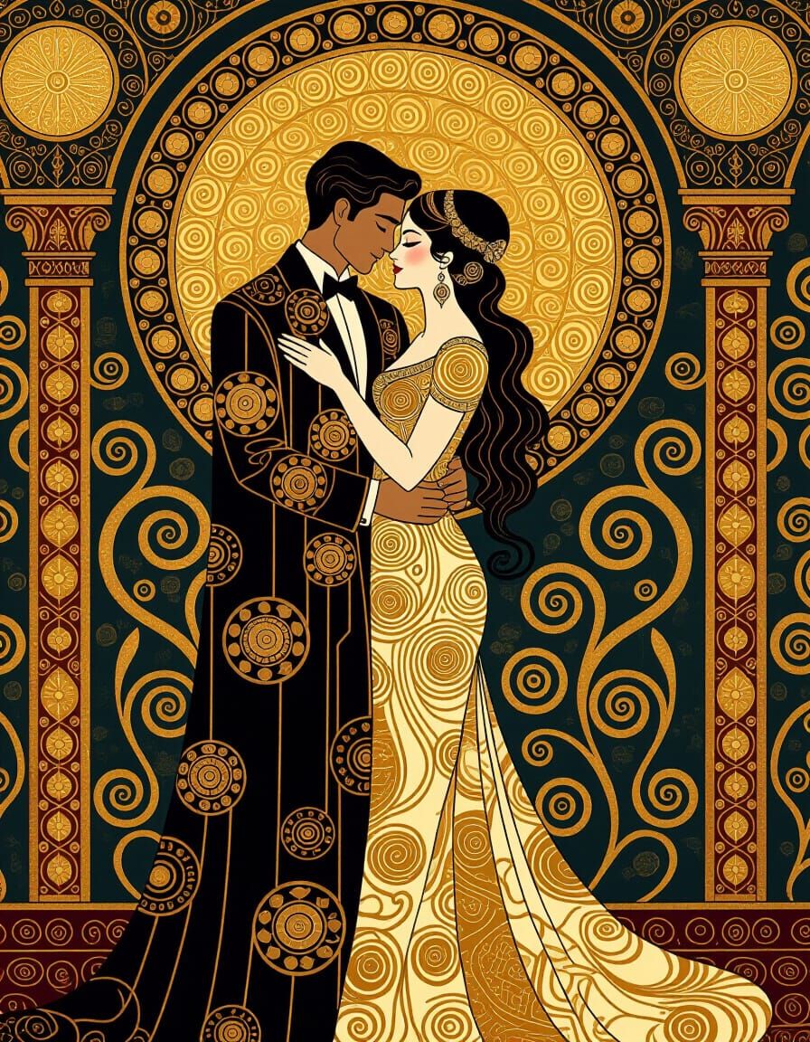 Embracing Couple in Opulent Attire with Gold Leaf Accents
