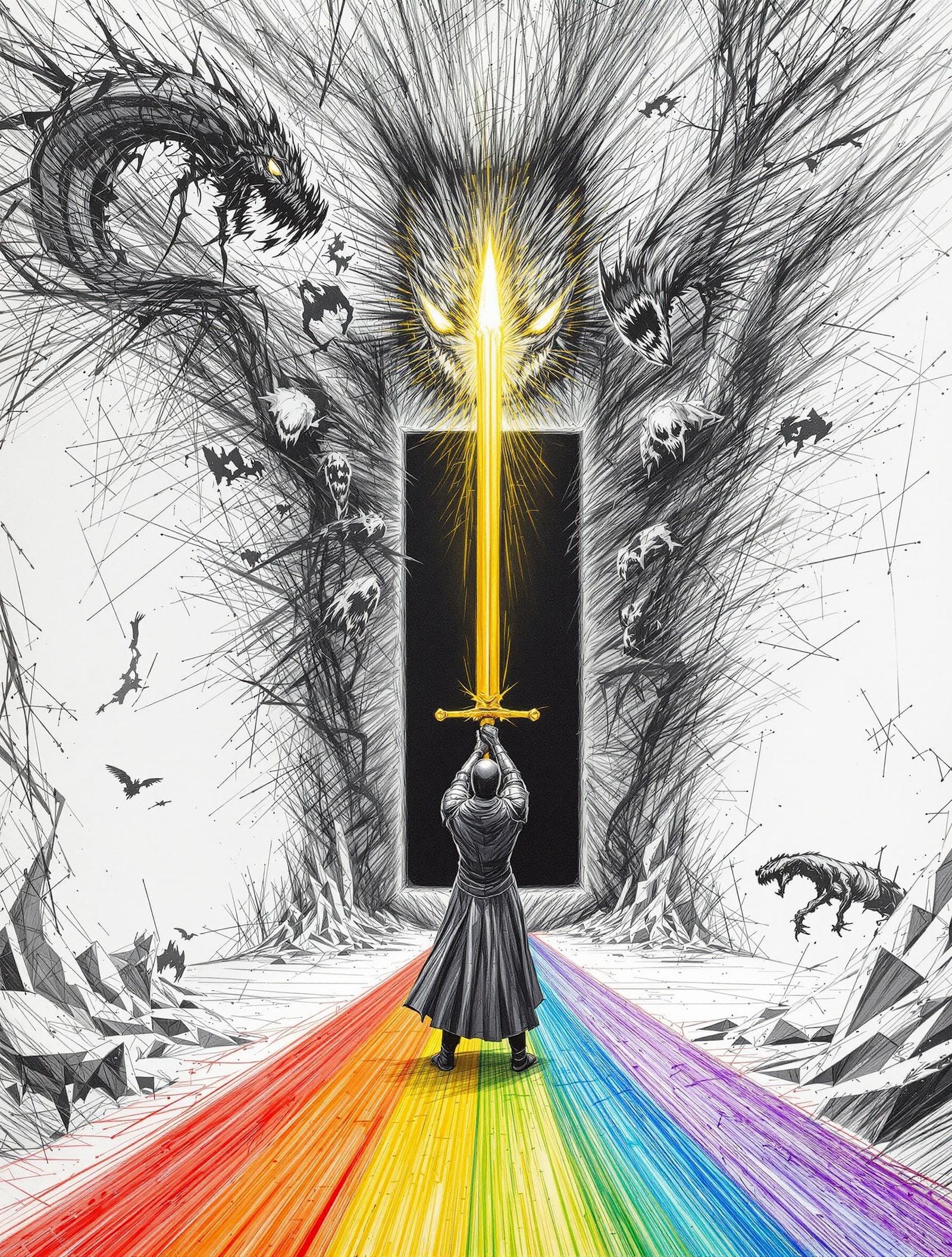 Surreal Grey Knight Stands Heroically in Front of a Yellow P...