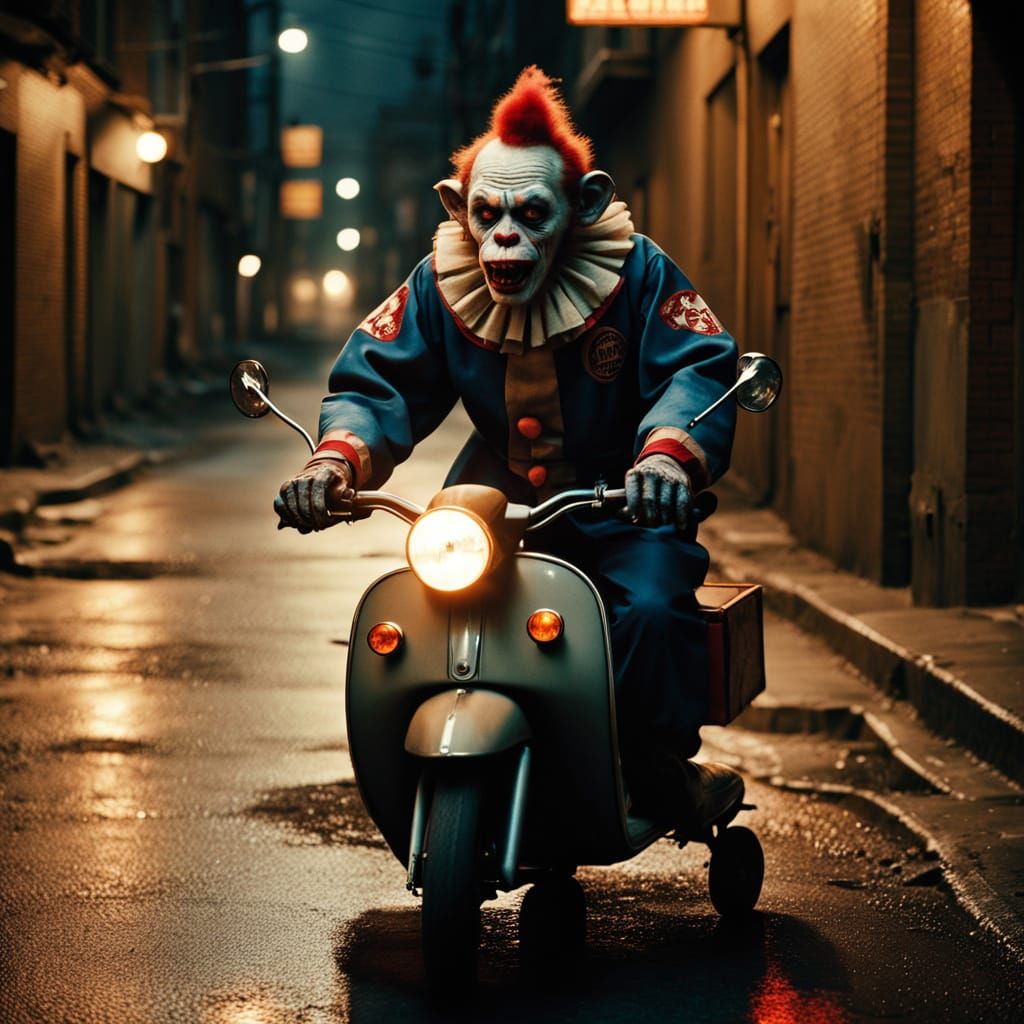 Ethereal Clown Figure Rides Through Dark Alley