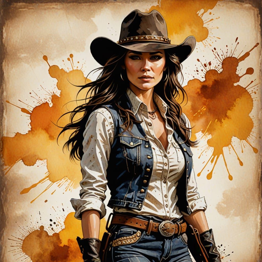 Confident Cowgirl Portrait in Vibrant Ink Illustration Style