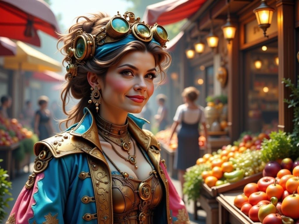 Steampunk Lady in Bustling Market, Anime-Style 3D Render
