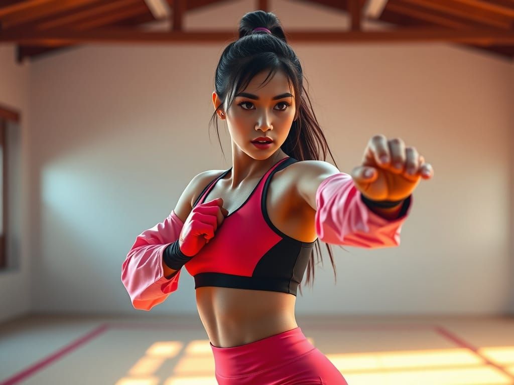 Futuristic Asian Martial Artist in Sleek Dojo