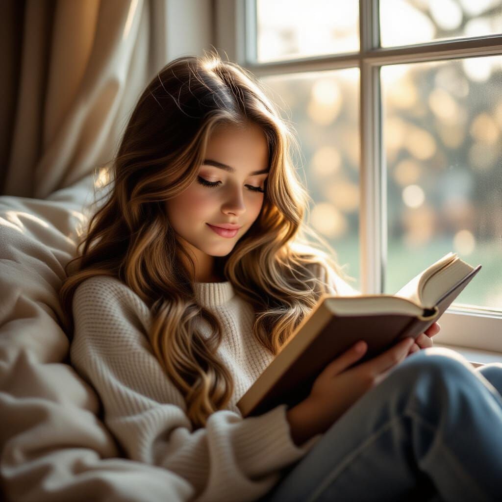 Girl Reading by Window in Golden Light