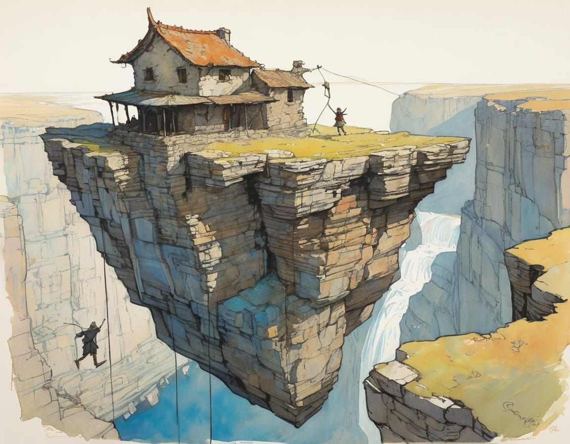 Adventurer Reaching Crumbling Structure in Triadic Colors